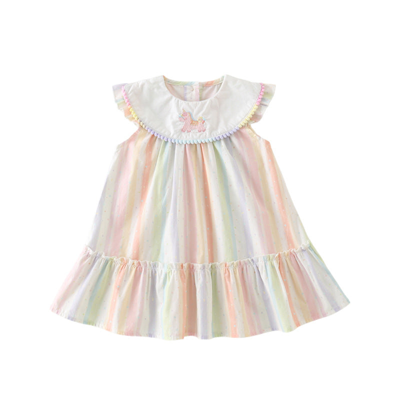 Skirt Play Clothes Super Cute Unicorn Rainbow Striped Flying Sleeve Jumpsuit, Climbing Suit