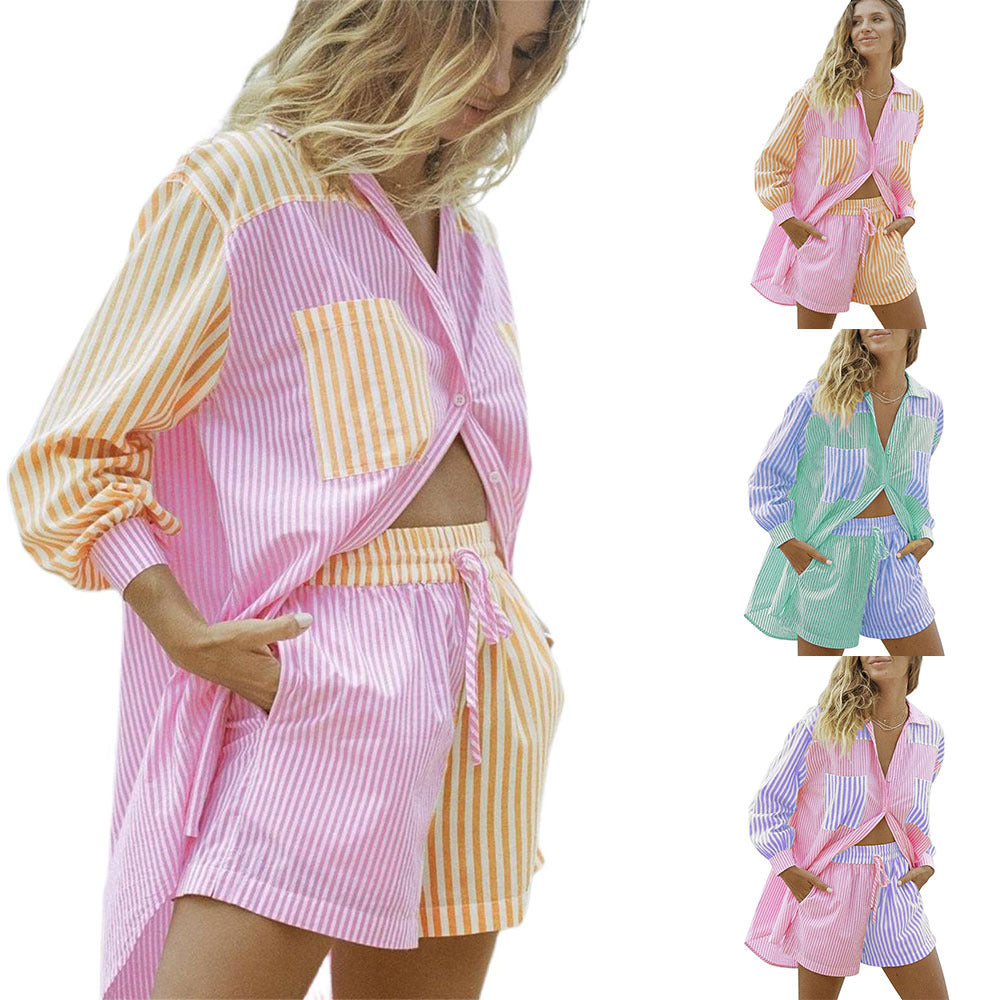 Women's Shirt Lapel Single Breasted Home Casual Striped Loose Suits