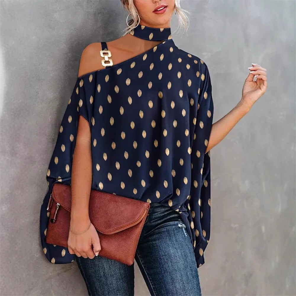 Women's Short-sleeved Summer Bat Print Halter Lace Shirt, Chiffon Shirt