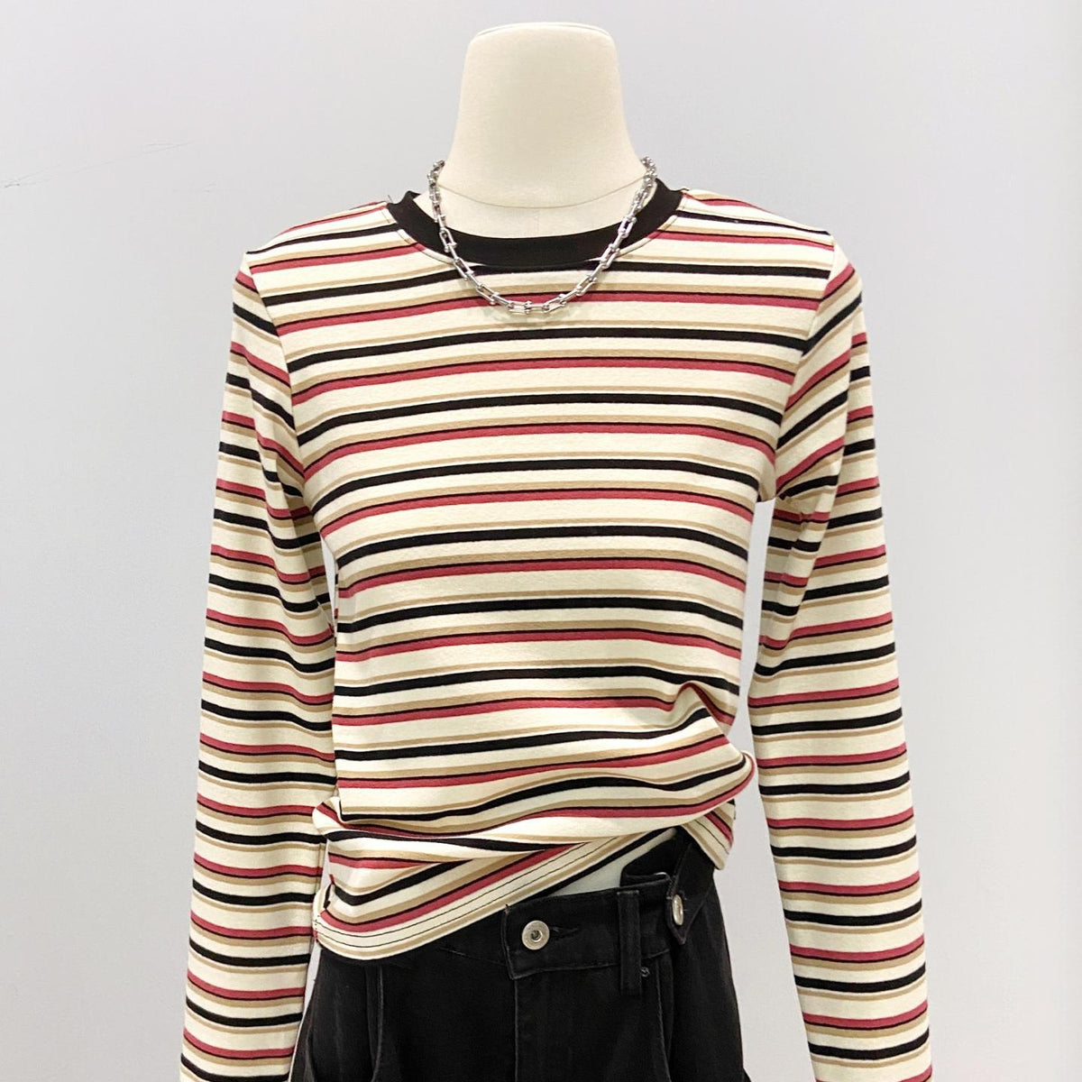 Women's Color Striped Spring Long-sleeved Bottoming Shirt Retro Warm Slim Fit Tops