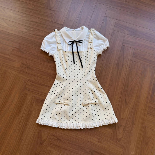 Children's Korean Preppy Style Fake Two-piece Skirts Middle Big Summer Polka Children's Dress