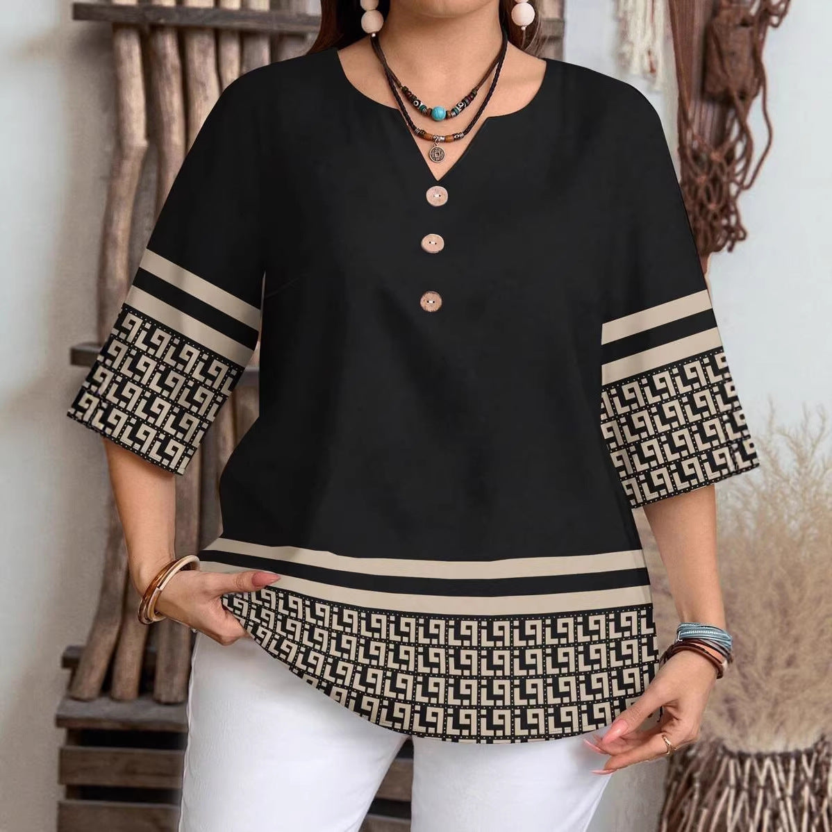 Women's Casual Printed Fastener Decoration Loose Sleeves Large Size T-shirt