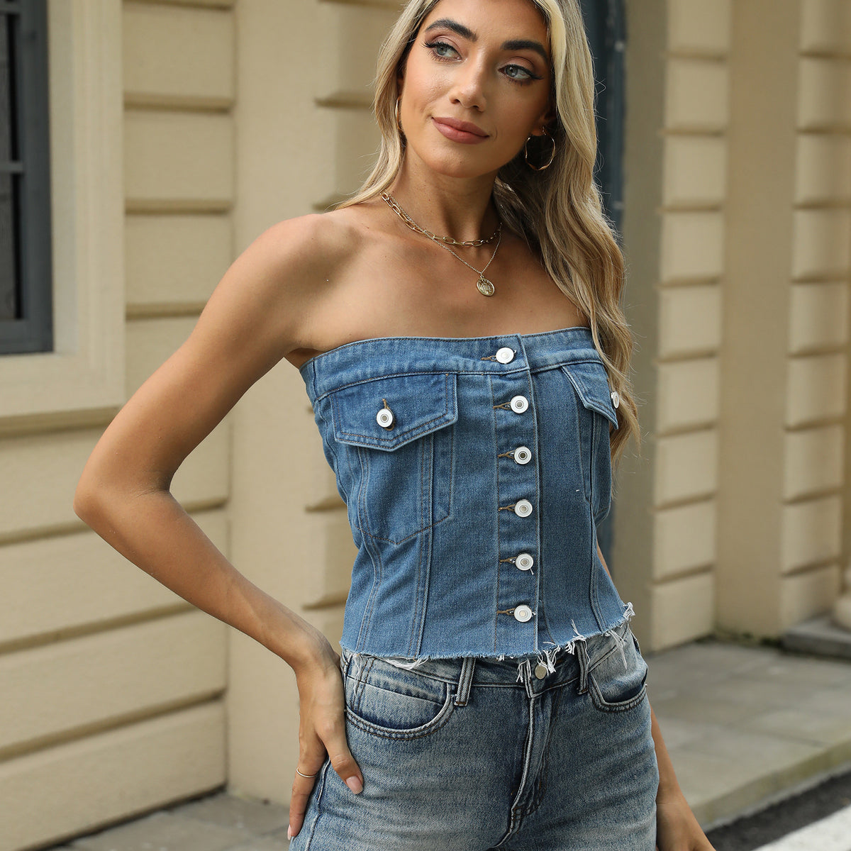 Women's Washed One Breasted Raw Edge Denim Sexy Tube Small Vest/suspenders/tube Top