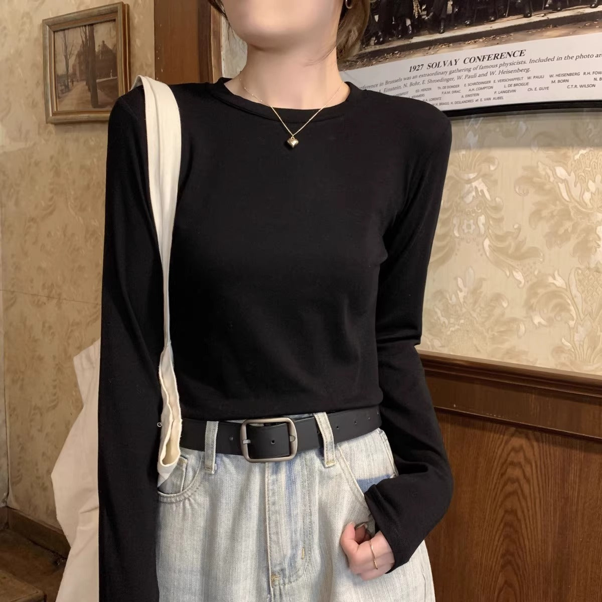Women's Slim Fit Slimming Inner Basic Style Collar Solid Color Bottoming Women's T-shirt