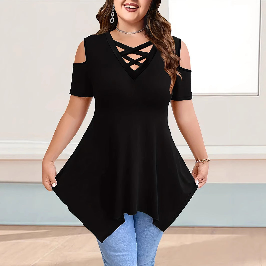 Women's Collar Cross Strap Sleeve Solid Color Tops