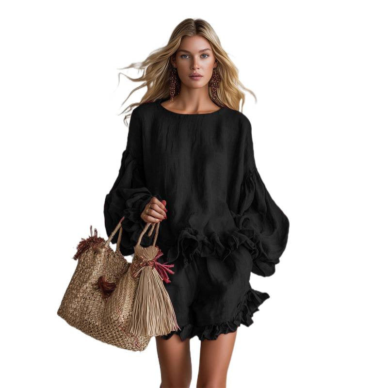 Women's Loose Bishop Sleeves Ruffled Two-piece Set Shorts