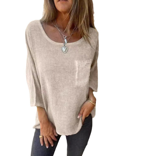 Women's Casual Fashion Cotton Linen Solid Color With Pockets Women's T-shirt