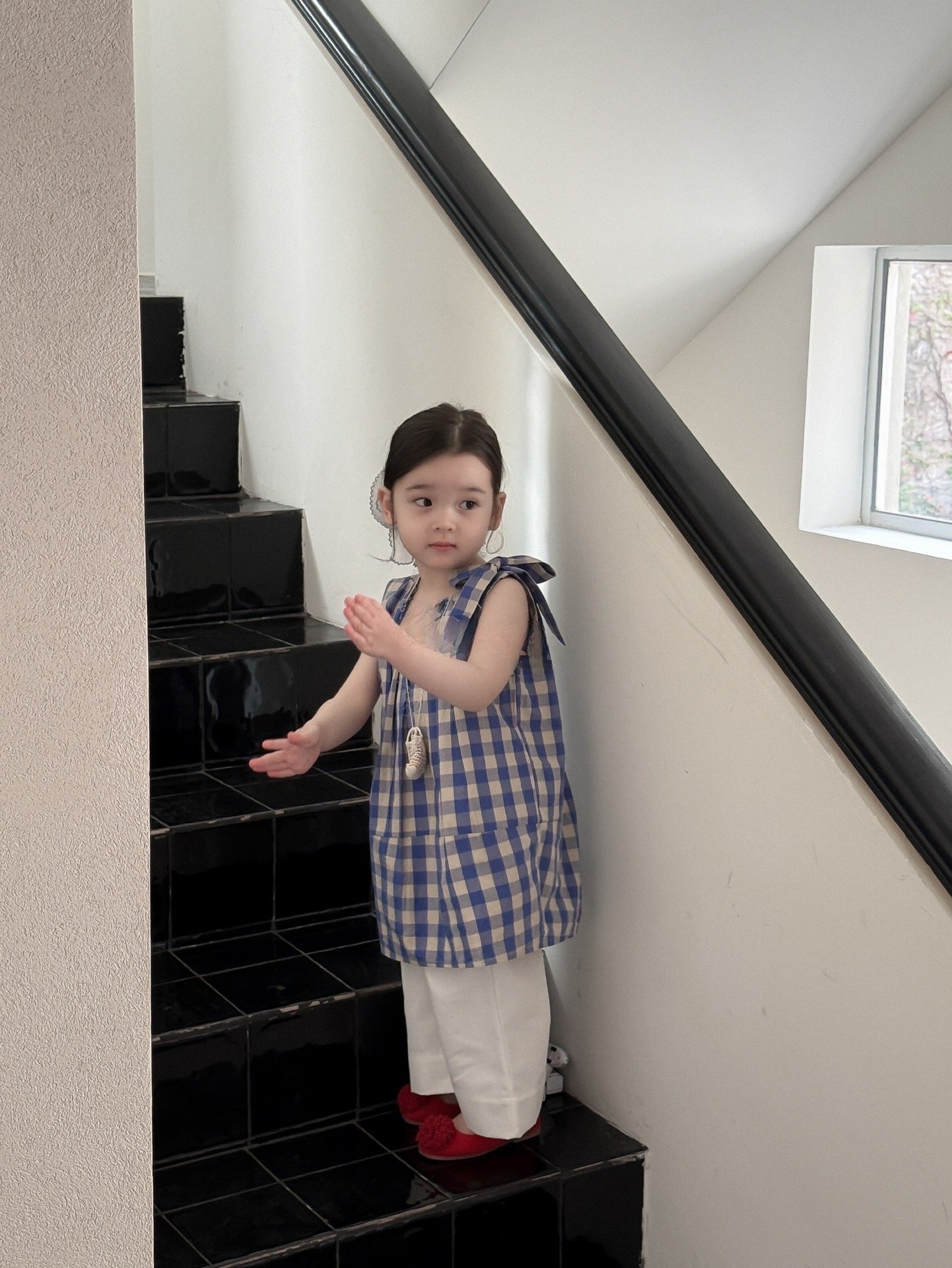 Blue Plaid White Wide Summer Korean Children's Dress