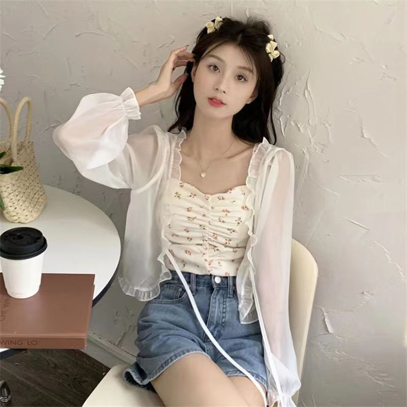 Women's Sun Protection Outer Wear Shawl Summer Thin Bow Lace Shirt, Chiffon Shirt