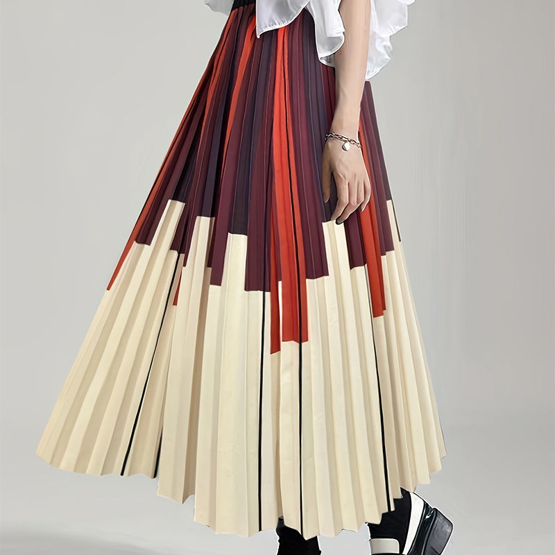 High Waist Pleated Striped Printing Color Contrast Simple Thin Skirt