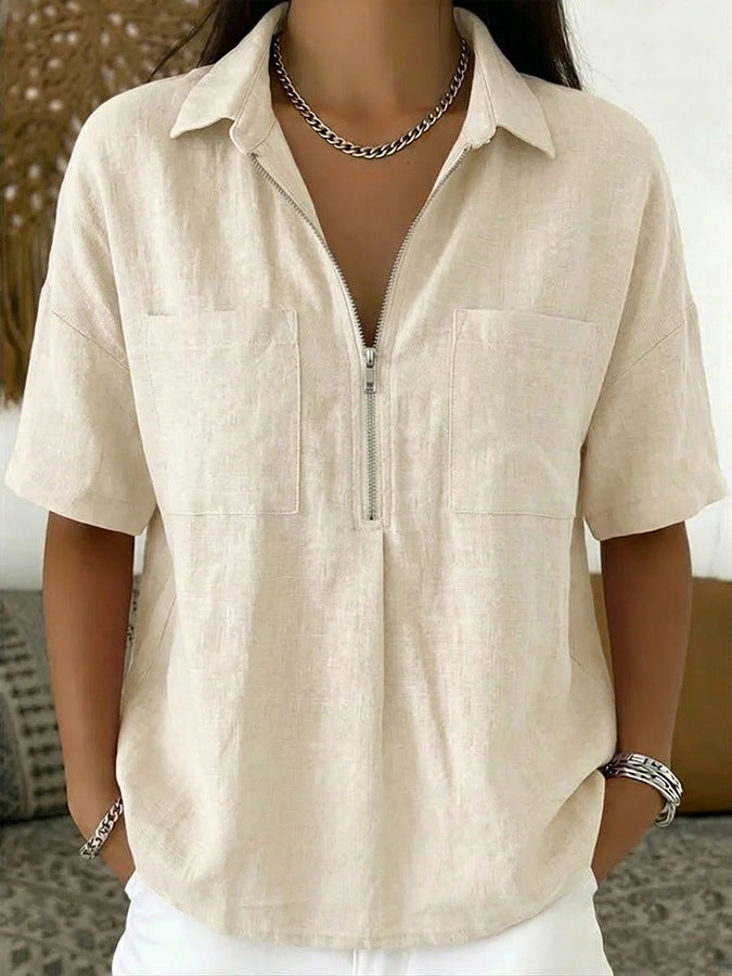 Loose Lapels Solid Color Sleeve Casual Shirt Zipper Patch Blouse