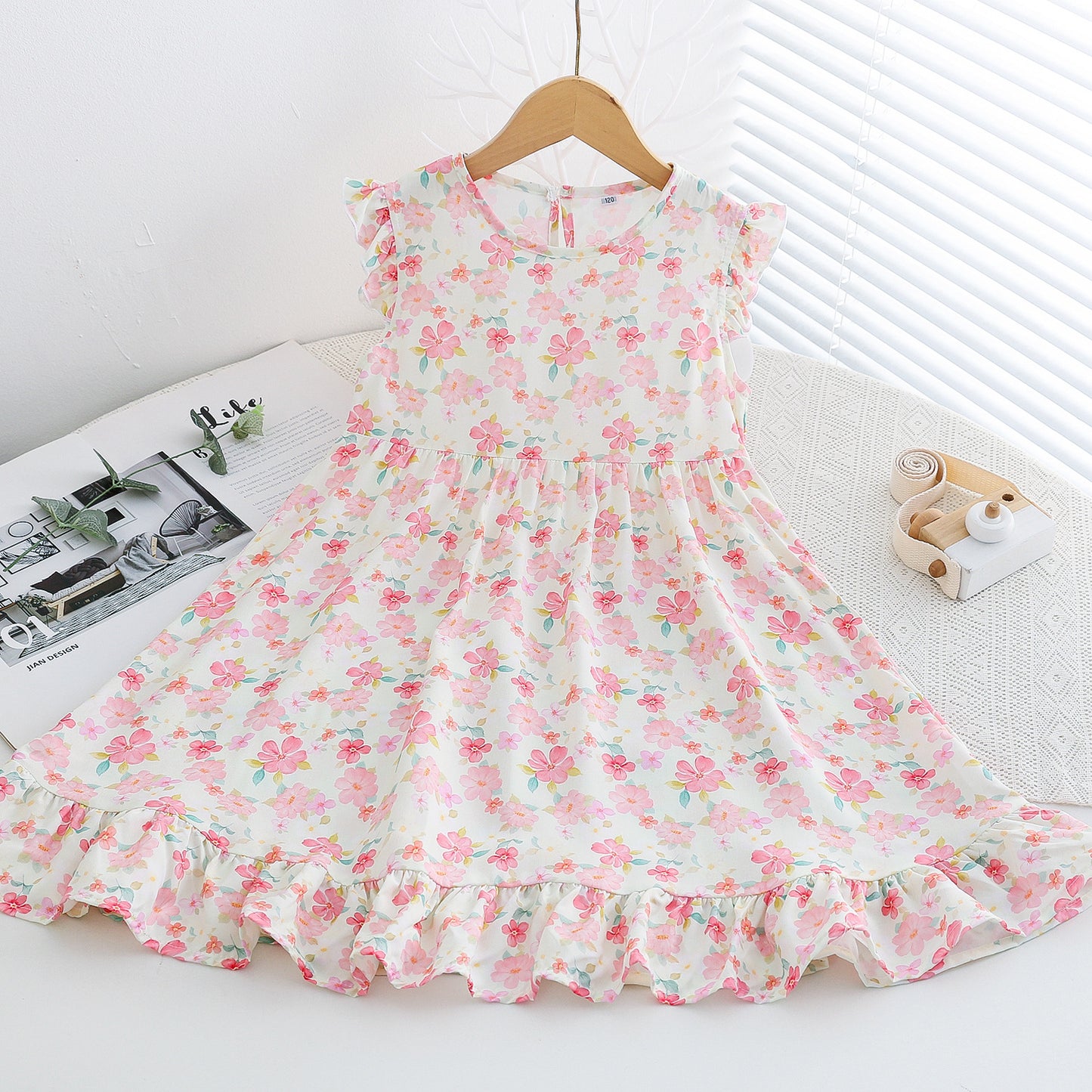 Fresh Flounced Sleeve Floral Cotton Summer Thin Cool Children's Dress