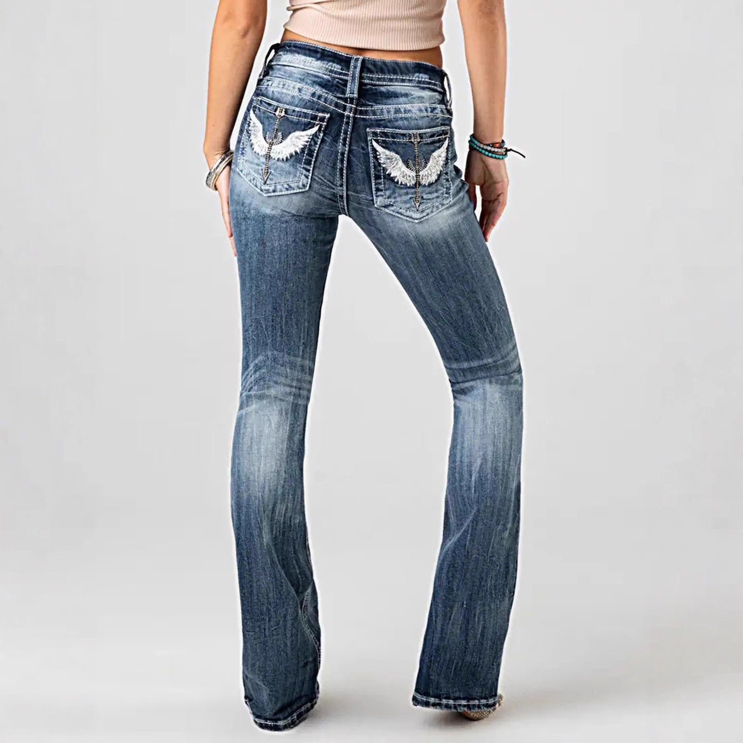 Women's Embroidered High Waist Stretch Washed Denim Women's Jeans