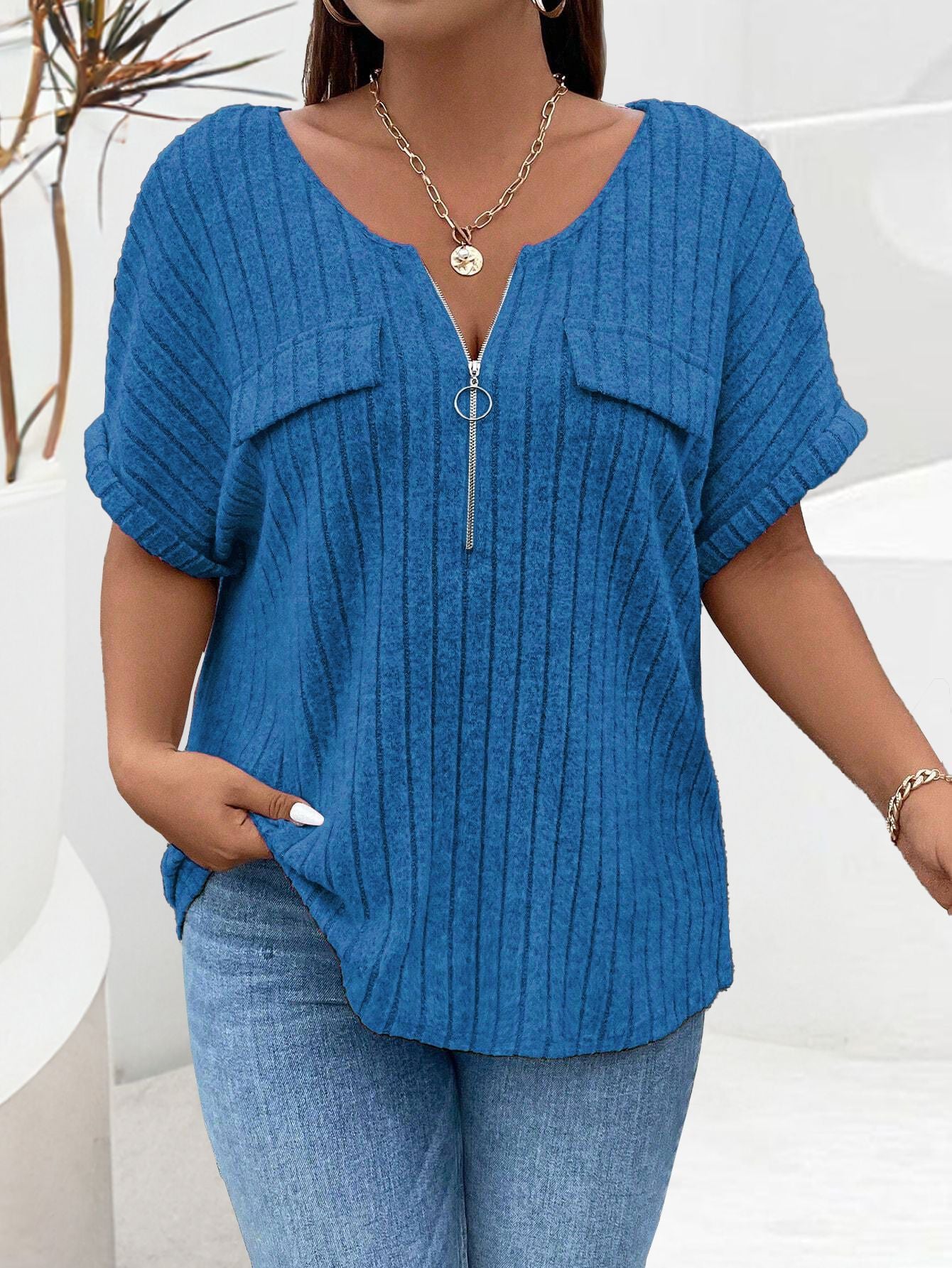 Women's Solid Color Clothes Zipper Sleeve Faux Pocket Pullover Tops