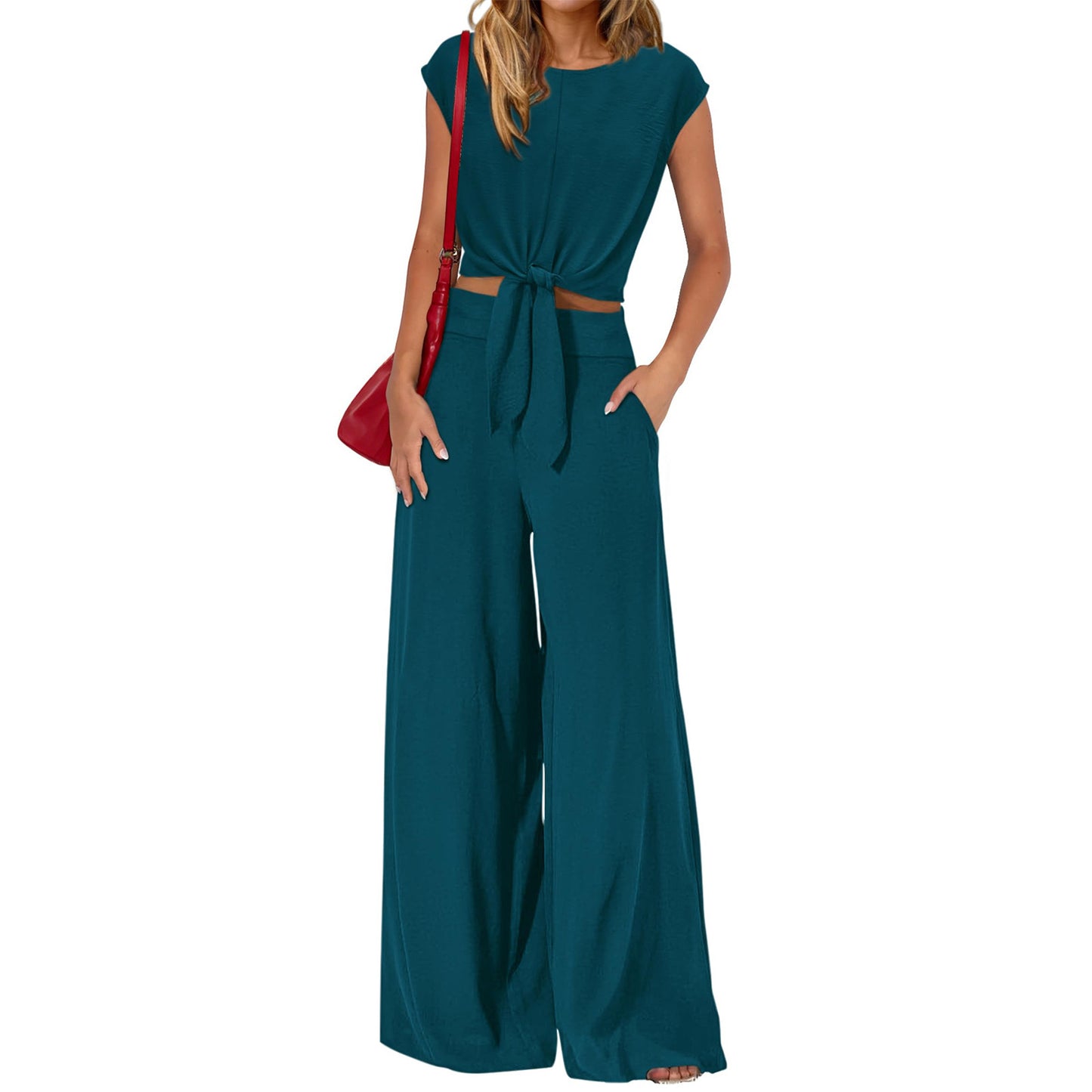 Women's Sleeveless Round Neck Tied Cropped Suits