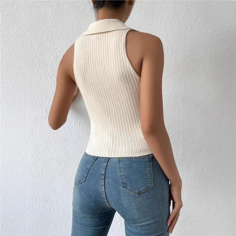 Women's Summer Solid Color Collar Casual Slim Sleeveless Knitted Shorts