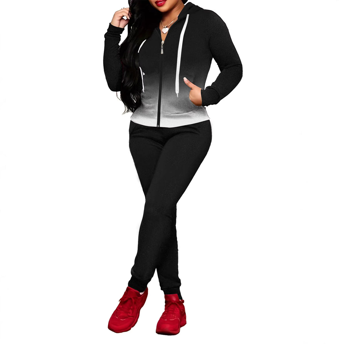 Women's Round Neck Zipper With Trousers Two-piece Set Suits