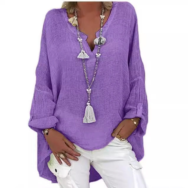 Classy Solid Color Bamboo Linen Shirt Blouse