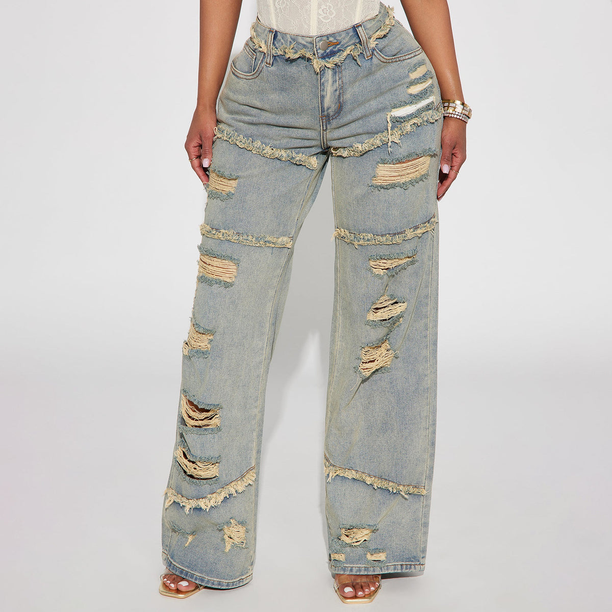 Women's Ripped Denim Trousers Loose Wide Leg Heavy High Street Ruffle Women's Jeans