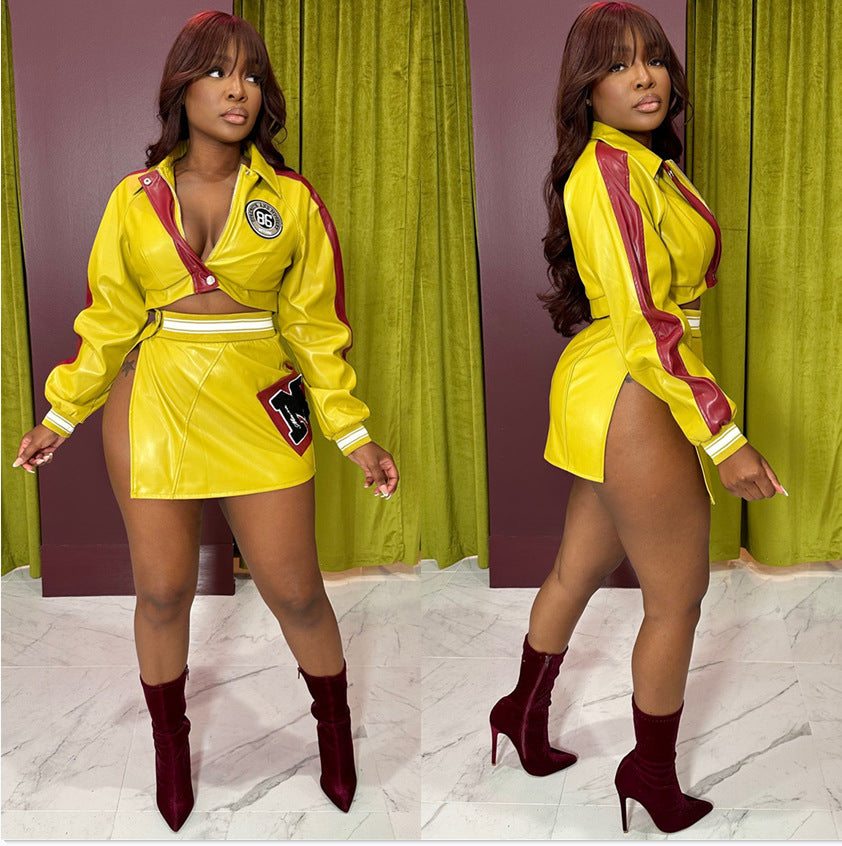 Hot Biker Leather Printed Split Outfit Skirts