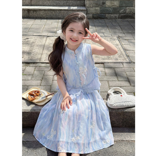 Chinese Style Summer Thin Flower Two-piece Children's Suit