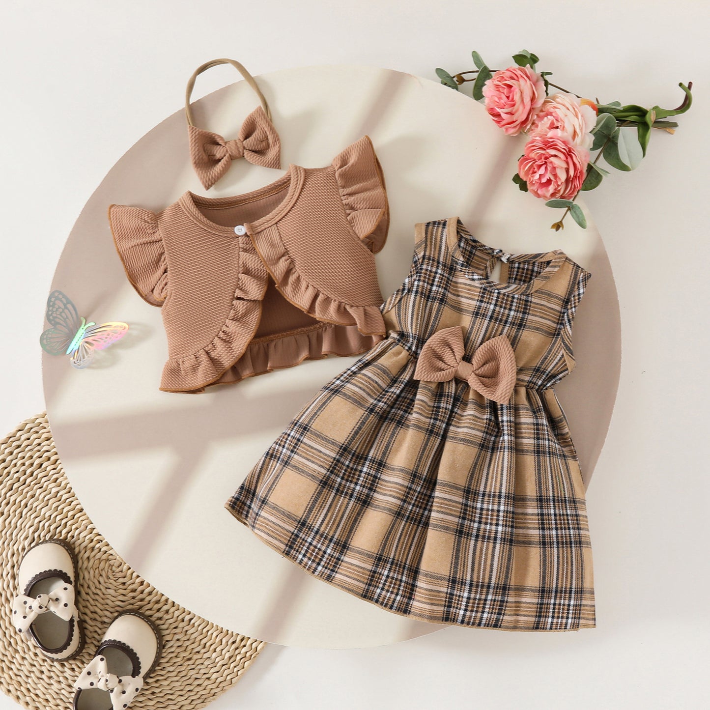 Set Sleeveless Ruffled Cropped Coat Top Plaid Children's Suit