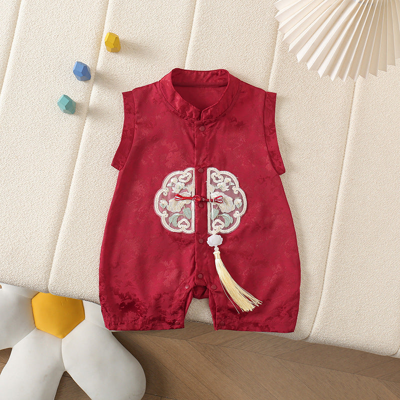 Satin National Style Leader Side Stripe Short Harem Red Jumpsuit, Climbing Suit