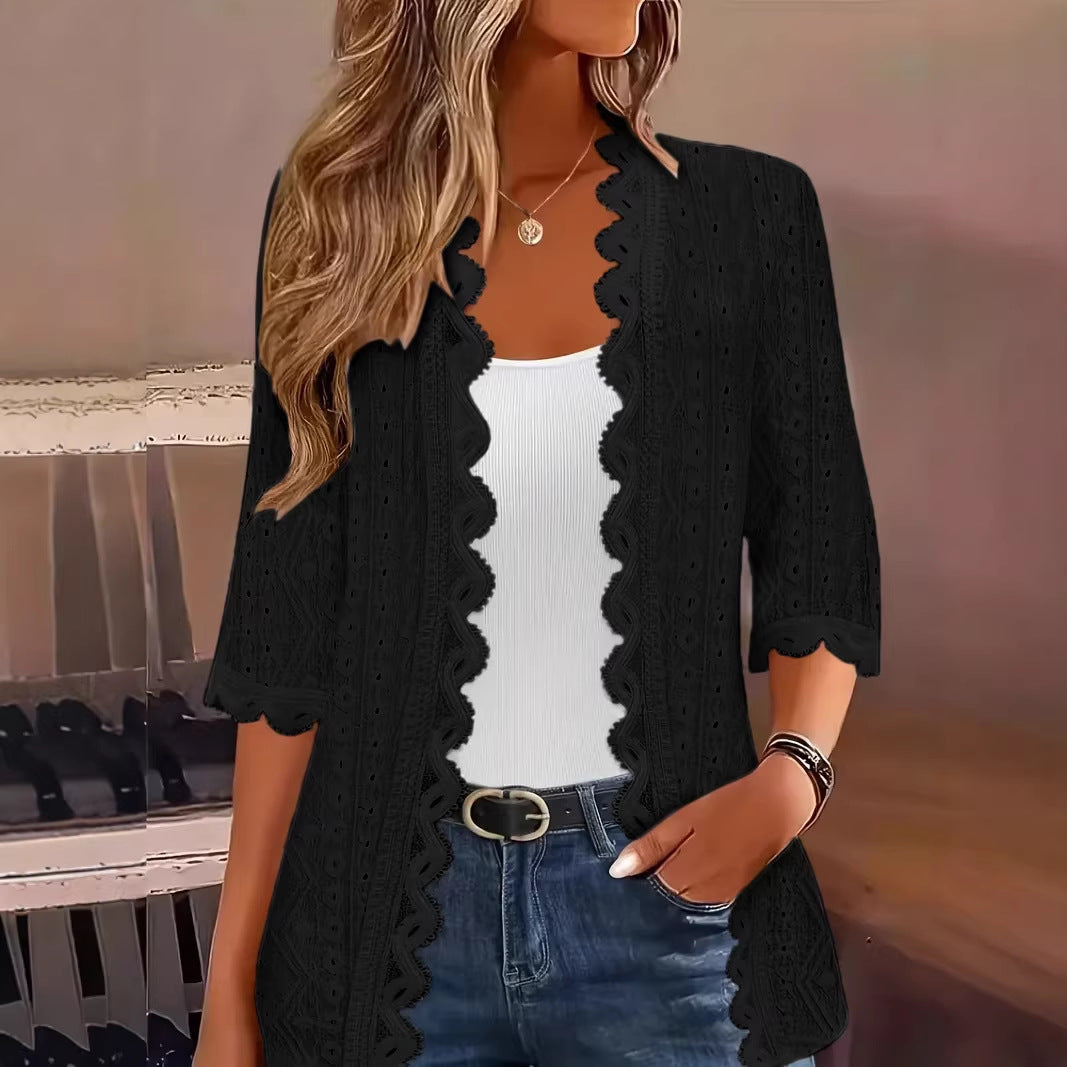 Women's Half Sleeve Knitted Hollow Lace Neckline Women's T-shirt
