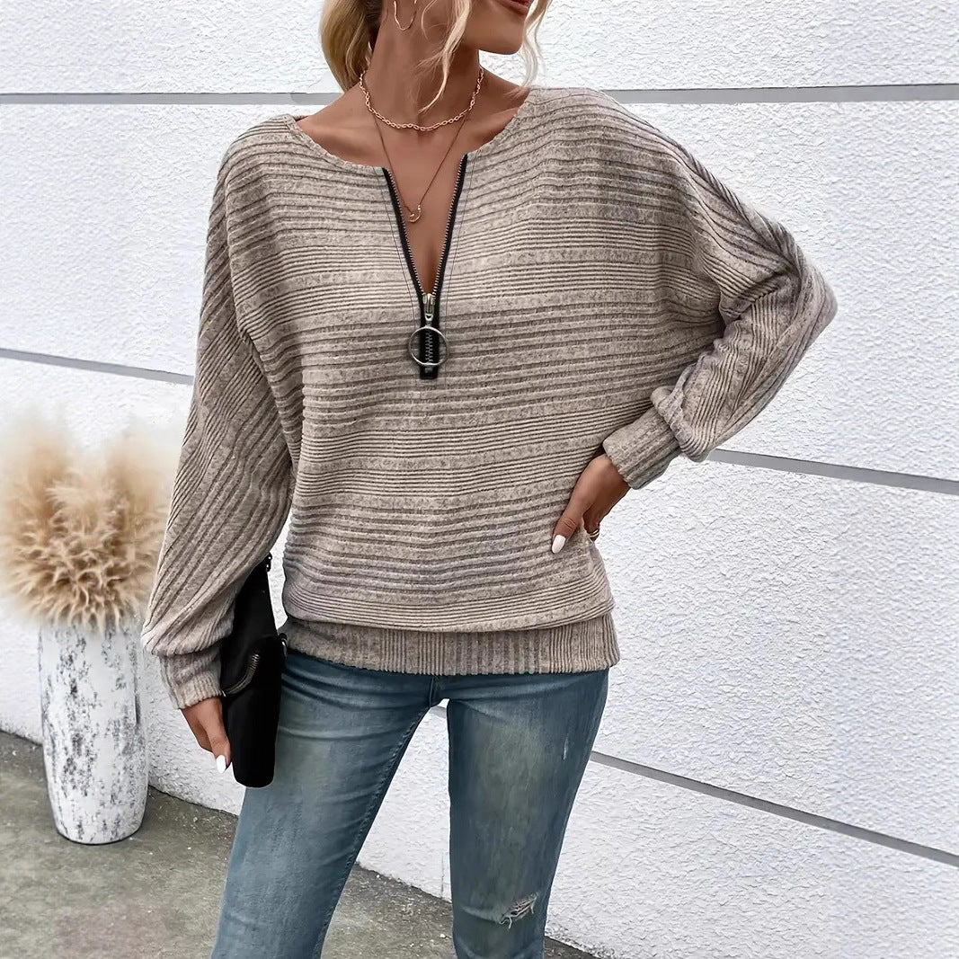 Women's Casual Solid Color Long Sleeve Zipper Women's T-shirt