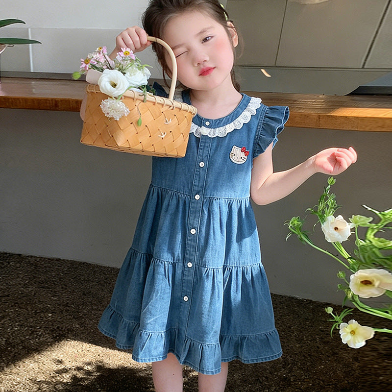 Children's Summer Fashionable Short Sleeve Korean Style Denim Skirt Cute Children's Dress
