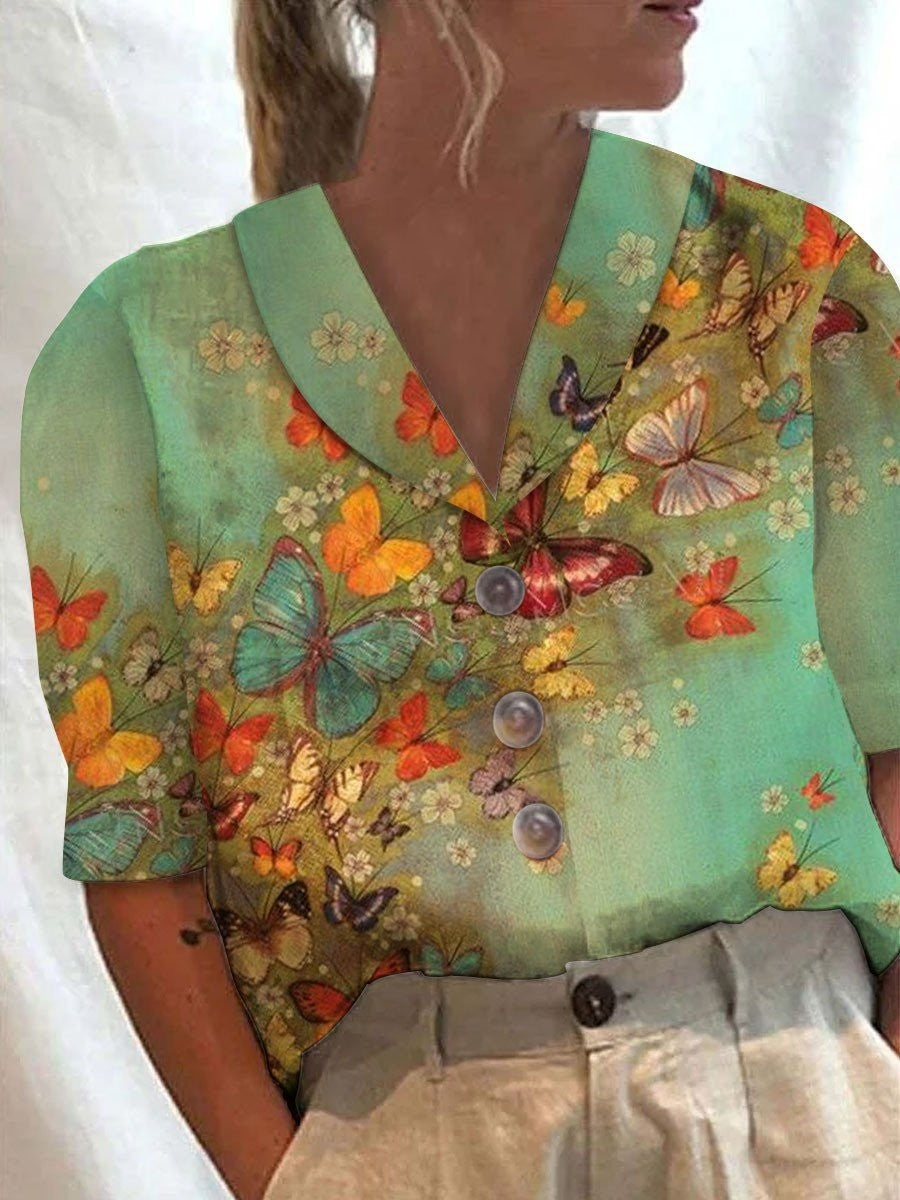 Women's Collar Button Casual Long Half Sleeve Cotton Blouse