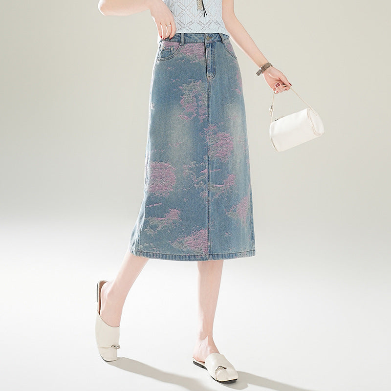 Women's Pink Purple Jacquard Embroidered Wide Leg Denim Design Skirts
