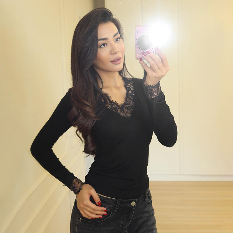 Stylish Women's Long Sleeve Lace Patchwork Women's T-shirt