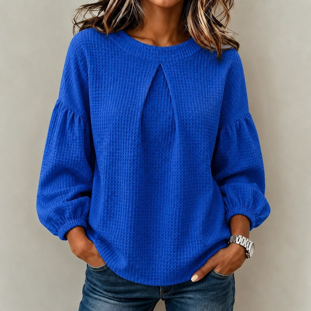 Women's Patchwork Puff Sleeve Waffle Round Neck Solid Color Tops