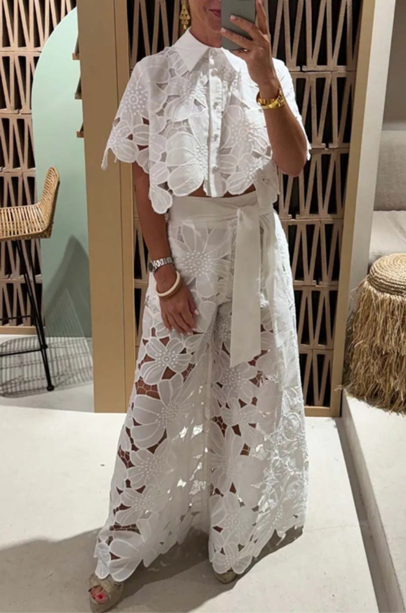 Women's Color Sexy Cutout Wide Leg Two-piece Cardigans