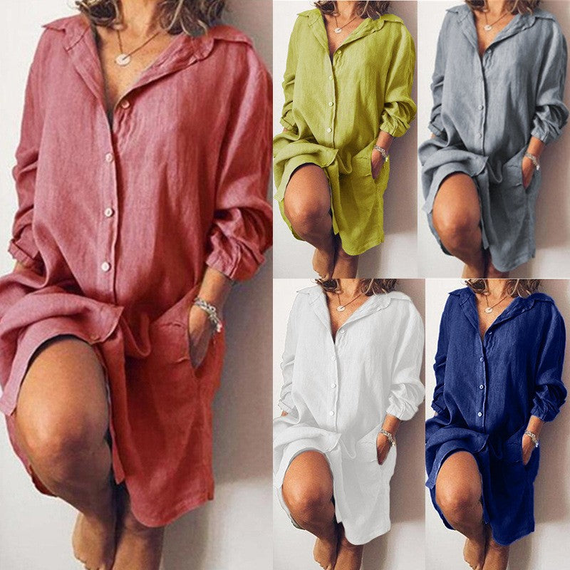 Women's Mid-length Long Sleeve Solid Color Single-breasted Blouse