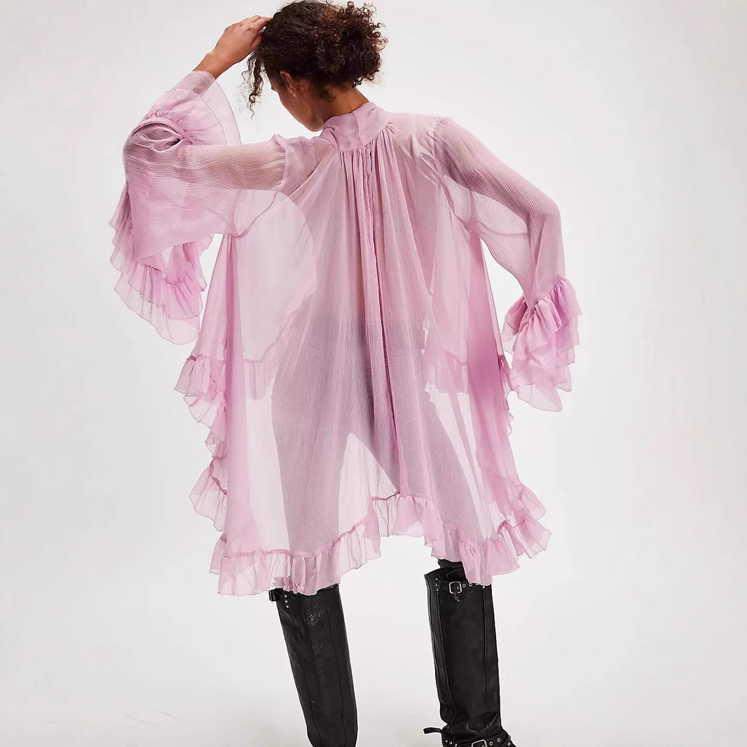 Oversized Swing Bow Tie Belt Printed Lantern Sleeve Personalized Lace Shirt, Chiffon Shirt
