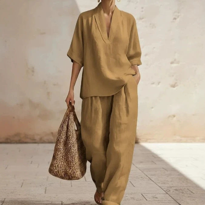 Women's Solid Color Comfortable Minimalist Linen Two-piece Fashion Casual Suit