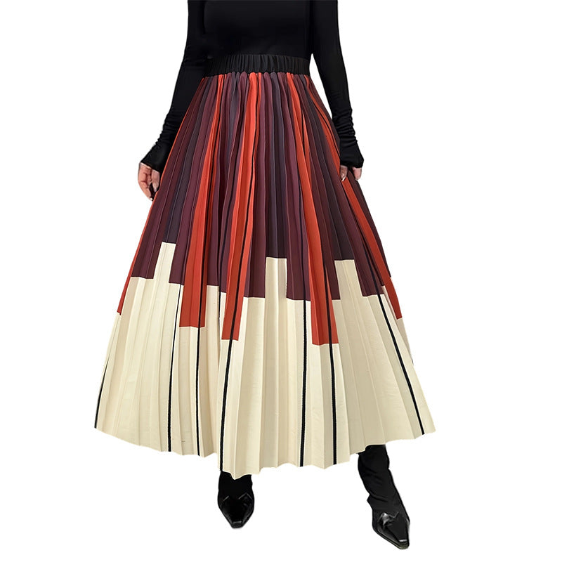 High Waist Pleated Striped Printing Color Contrast Simple Thin Skirt