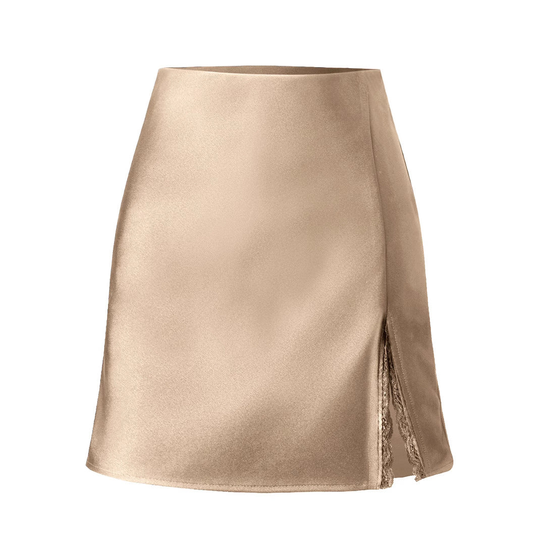 Women's Satin Lace Split High Waist Elastic Sexy Skirt