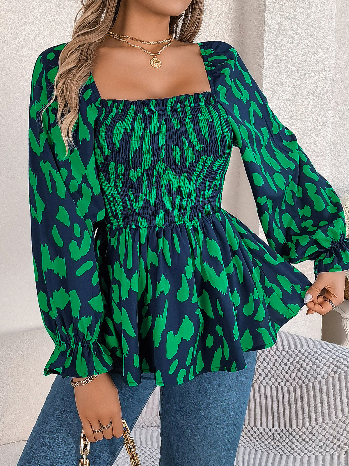 Women's Ear Square Collar Leopard Print Long Clothing