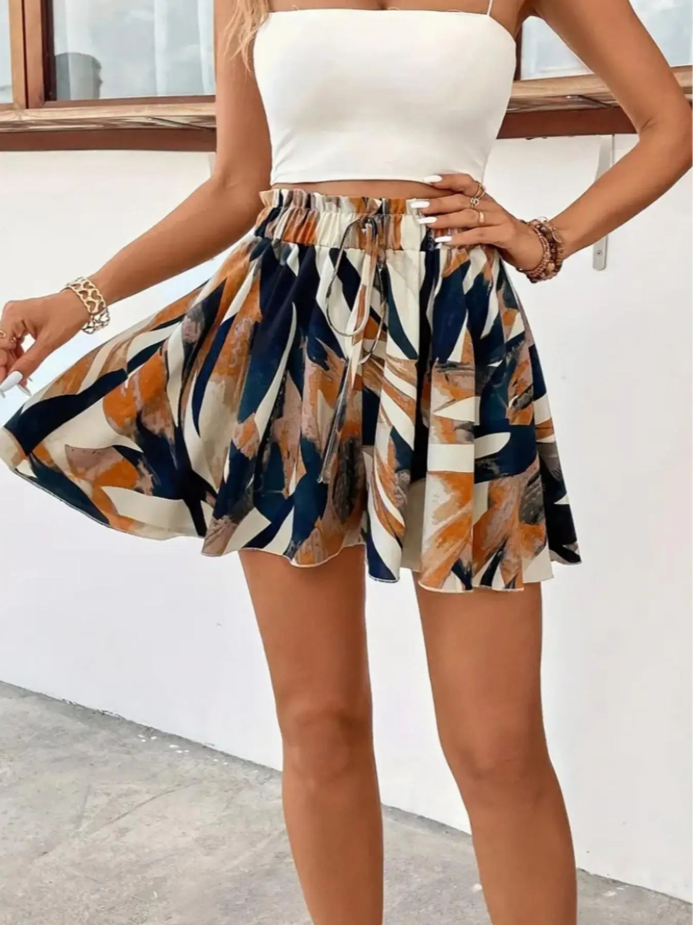 Women's High Waist A- Line Printed Lace Up Casual Slimming Skirt