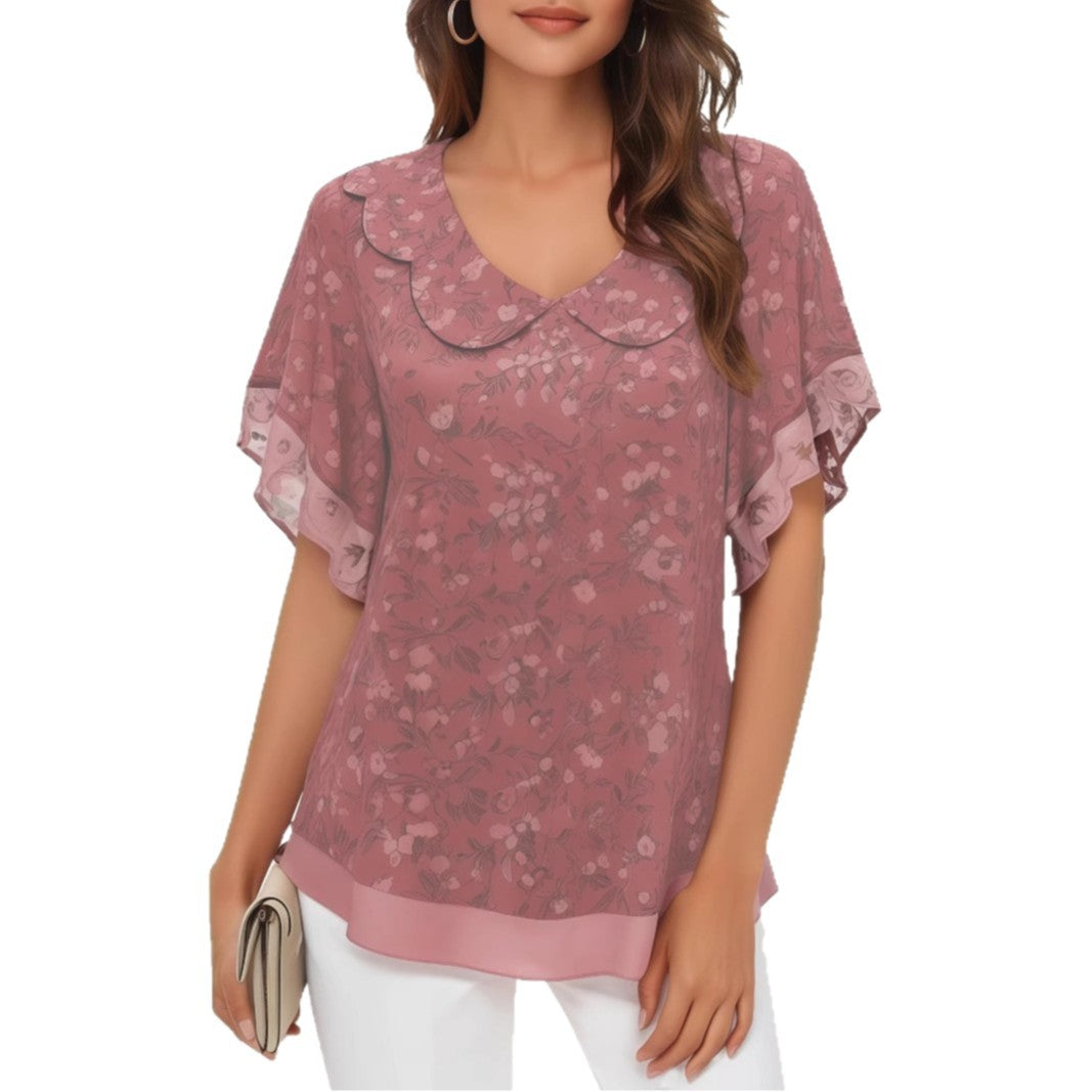 Women's Stringy Seedge Round Neck Printed Short-sleeved Lace Shirt, Chiffon Shirt