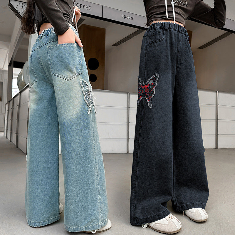 Children's Jeans Big American Butterfly Embroidered Loose Fried Children's Pants