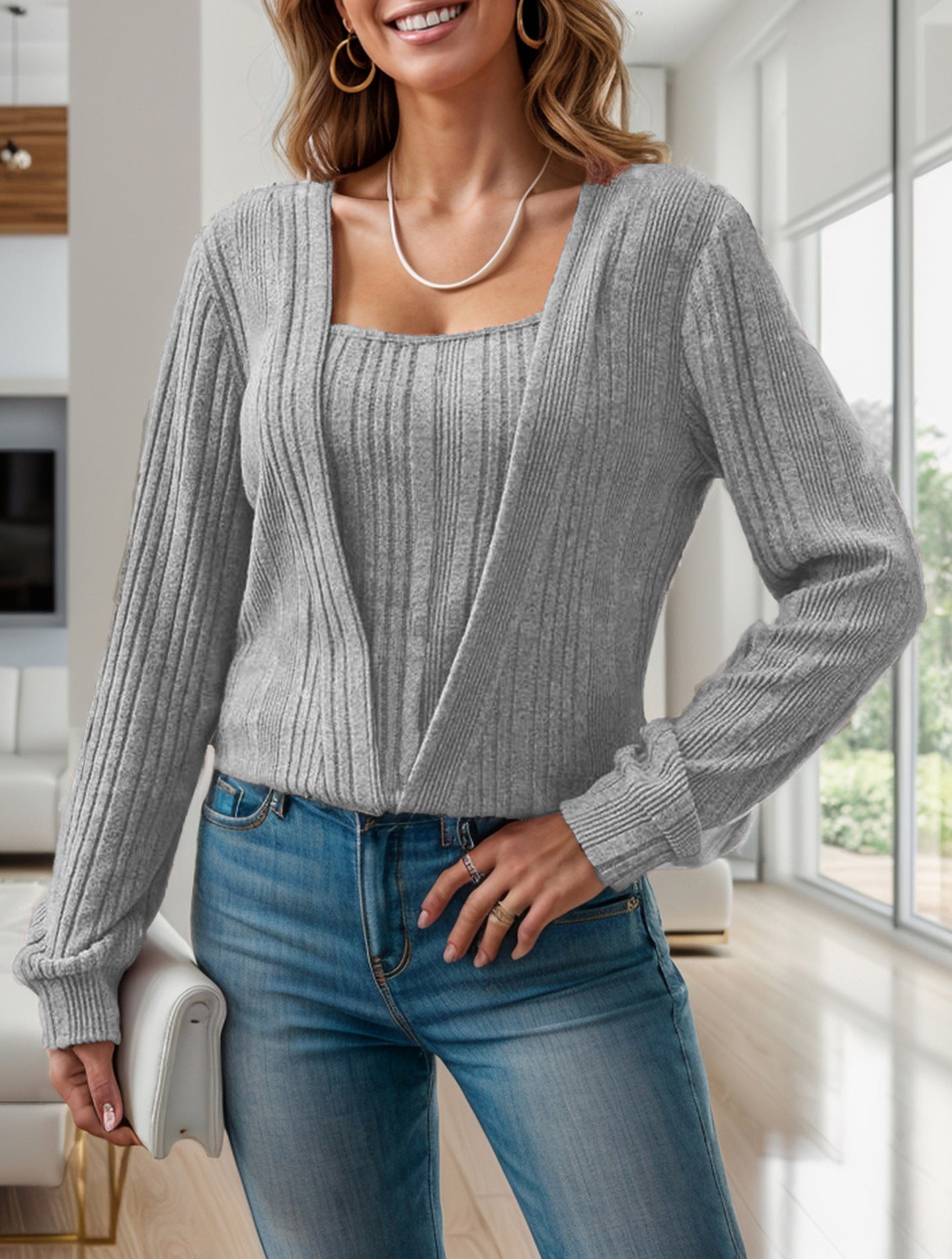 Color Fashion Sunken Stripe Square Collar Women's T-shirt