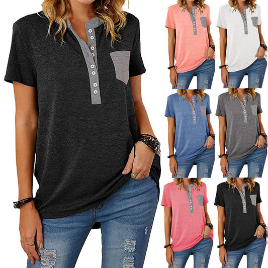 Women's Casual Pocket Stitching Loose Short-sleeved Women's T-shirt