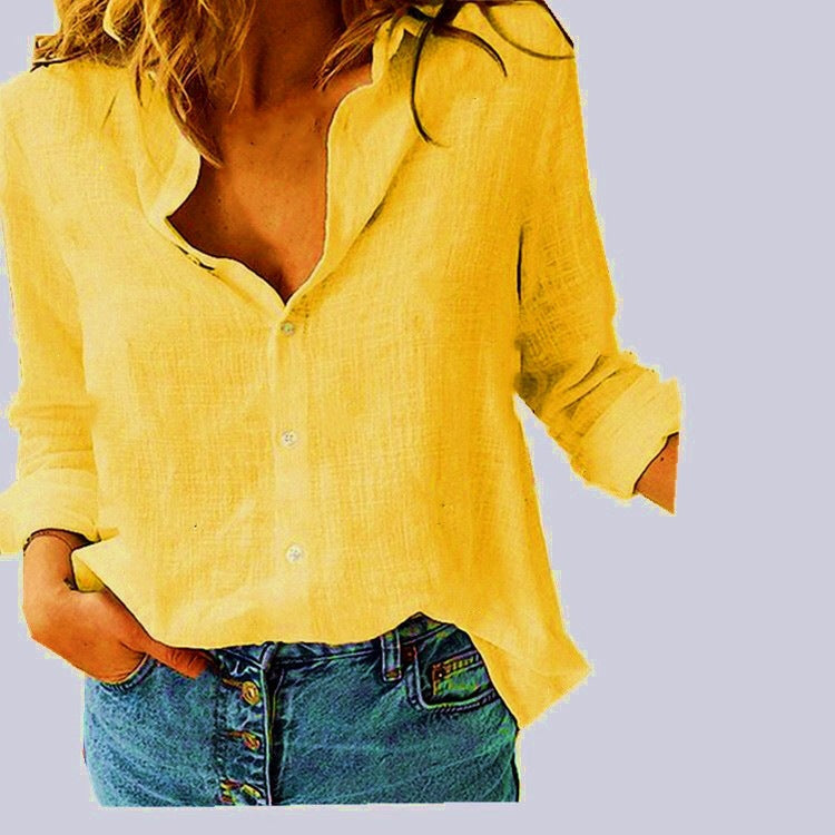 Women's Casual Loose Long-sleeved Linen Shirt Sleeved Blouse