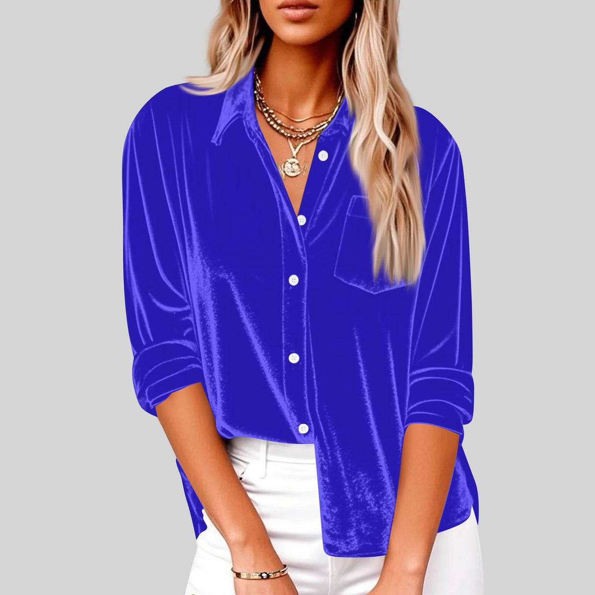 Women's Fashion Casual Long Sleeve Lapel Gold Veet Loose With Blouse