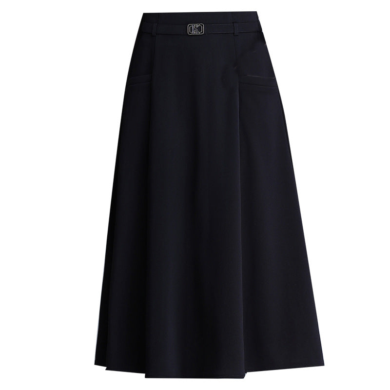 Mid-length Pocket A- Line Solid Color Simple Commute High Waist Skirt