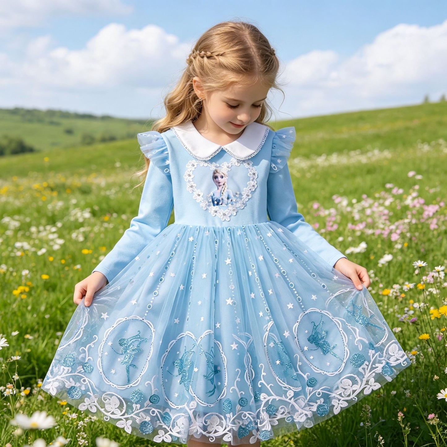 Princess Frozen Lace Collar Skirts Swing Sequined Children's Dress